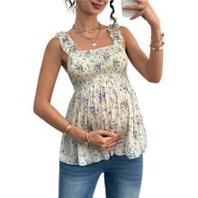 Women'S Maternity Tank Tops Floral Babydoll Top Square Neck Smocked Peplum Blouse Shirts Apricot Color S