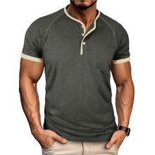 Mens Henley Shirts Short Sleeve Casual Summer Basic T Shirts Button Vintage Light-Weight Tee Tops Dark Gray S
