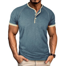 Mens Henley Shirts Short Sleeve Casual Summer Basic T Shirts Button Vintage Light-Weight Tee Tops Denim S