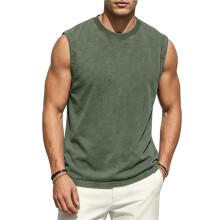 Mäns Träningslinnen Är Ärmlösa T-Shirts Gym Syra Tvätt T-Shirts Löpning Strand Lös Passform T-Shirt Armégrön M
