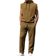 Herren-Sommer-Trainingsanzug mit Kurzen Ärmeln, Kapuzenshirt und Trainingshose, 2-Teiliges Set Beige M