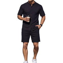 Completo Estivo da Uomo A Due Pezzi: Camicia A Maniche Corte con Bottoni e Pantaloncini con Tasche Nero XXL