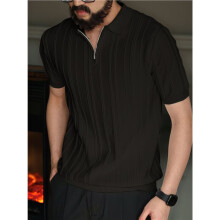 Camicia da Uomo A Maniche Corte In Maglia con Cerniera A un Quarto, A Coste, Casual, da Nero L