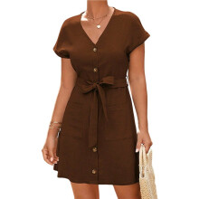 Women Summer Casual Short Sleeve Button Down V Neck Pocket Self Tie Knee Length Loose Sun Dress Khaki XL
