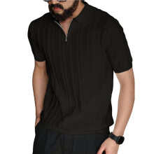 Camicia da Uomo A Maniche Corte In Maglia con Cerniera A un Quarto, A Coste, Casual, da Nero XXXL