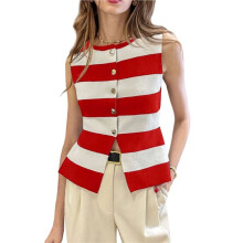Women'S Tank Tops Striped Sleeveless Button Front Knit Vest Summer Open Cardigan Red XL