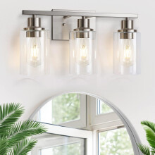 Badkamerlamp met 3 lichtpunten, wandlamp van geborsteld nikkel, moderne wandlamp met heldere glazen kap, wandlamp voor boven de spiegel