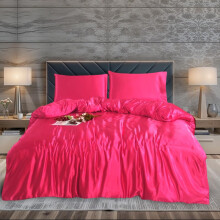 WEAVERS: Luxurious 3-Piece Silky Satin Duvet Cover Set. Reversible Zippered Duvet Cover with a Pair of Pillowcases. (Size Double, Colour Fuchsia)