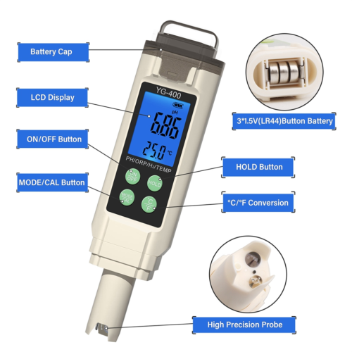 Medidor de temperatura, pH, ORP, H2 e hidrógeno (-400) 2