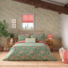 William Morris Honeysuckle Bedding in Evergreen & CoralBedding: Duvet Cover & 1 Oxford Pillowcase Set, Single 140x200cm