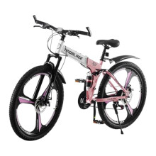 BSTSEL 26 Inch Folding Mountain Bike 3 Spoke Wheels Bicycle,17 Inch Frame Mountain Bicycle - 21 Speeds Disc Brake (Pink)