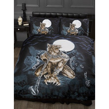 Double Bed Loups Garou, Alchemy Gothic Duvet/Quilt Cover Bedding Set, Werewolf, Full Moon, Wolf, Skulls, Bats, Graveyard, Chains, Black, Blue, Brown,