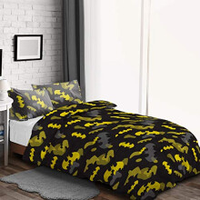 Warner Brothers Batman Logo Camouflage Teddy Fleece Duvet Cover Quilt Bedding Set with Pillowcases Black Yellow Thermal Warm Cosy Super Soft