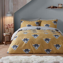 Fusion - Ochre Yellow Highland Cow Duvet Cover - King Bedding Size (230 x 220cm) - Reversible Design (Ochre & Grey) - Farm Cow Bedding in Mustard