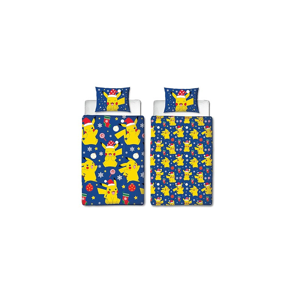 Pokémon Character World Pokemon Official Single Duvet Cover Set, Xmas Fun Pikachu Design | Reversible 2 Sided Bedding Cover Official Merchandise Including