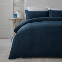 Serene - Navy Blue Waffle Duvet Cover - Super King Bedding Size (260 x 220cm) - Soft Touch - Luxury Bedding - Grid Pattern Textured Duvet Cover in