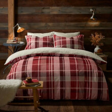 Fusion Red Checkered Fleece Duvet Cover â“ Single Size (140 x 200cm) â“ Reversible Burgundy Tartan Bedding with White Teddy Fleece â“ Soft