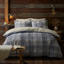 Fusion Grey Checkered Fleece Duvet Cover King Size (230x220cm) – Reversible Tartan Bedding – Teddy Bear Flannelette Quilt – Soft White & Blue