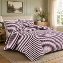Olivia Rocco Malham Stripe Double Duvet Cover Set Soft Microfibre Bedding Reversible Quilted Bed Sets with Pillowcases (Burgundy, Single)