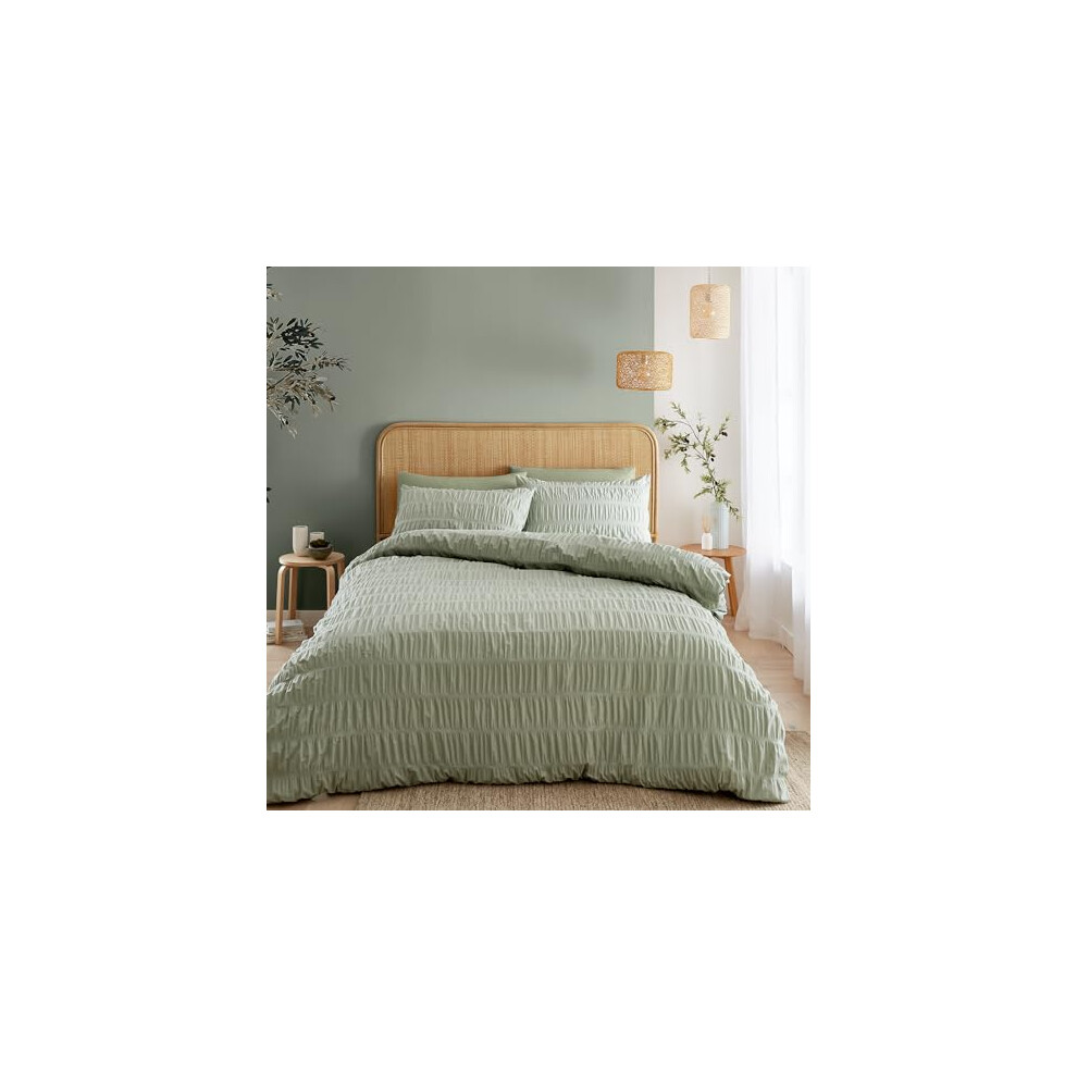Catherine Lansfield Seersucker King Duvet Cover Set With Pillowcases Sage Green