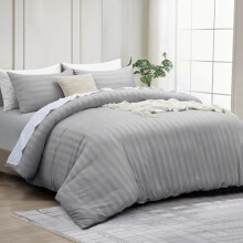 INSPIRE HOMEWARE Double Duvet set - Premium Hotel Quality Reversible Satin Stripes Duvet Cover with 2 Pillowcases, Silver Double Bedding Set - Soft