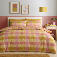Fusion Block Check Orange Duvet Cover Set Double 200 x 200cm – Easy Care Check Bedding with Modern Block Design, Includes 2 Pillowcases