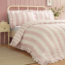 Catherine Lansfield Seersucker Frill Stripe Double Duvet Cover Set with Pillowcases Pink