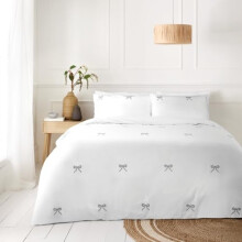 BLOOM BLENDS Hearts and Bows Embroidered Duvet Cover Set â“ White Bedding with Charcoal and Pink Heart Detail â“ Soft, Stylish & Romantic Design