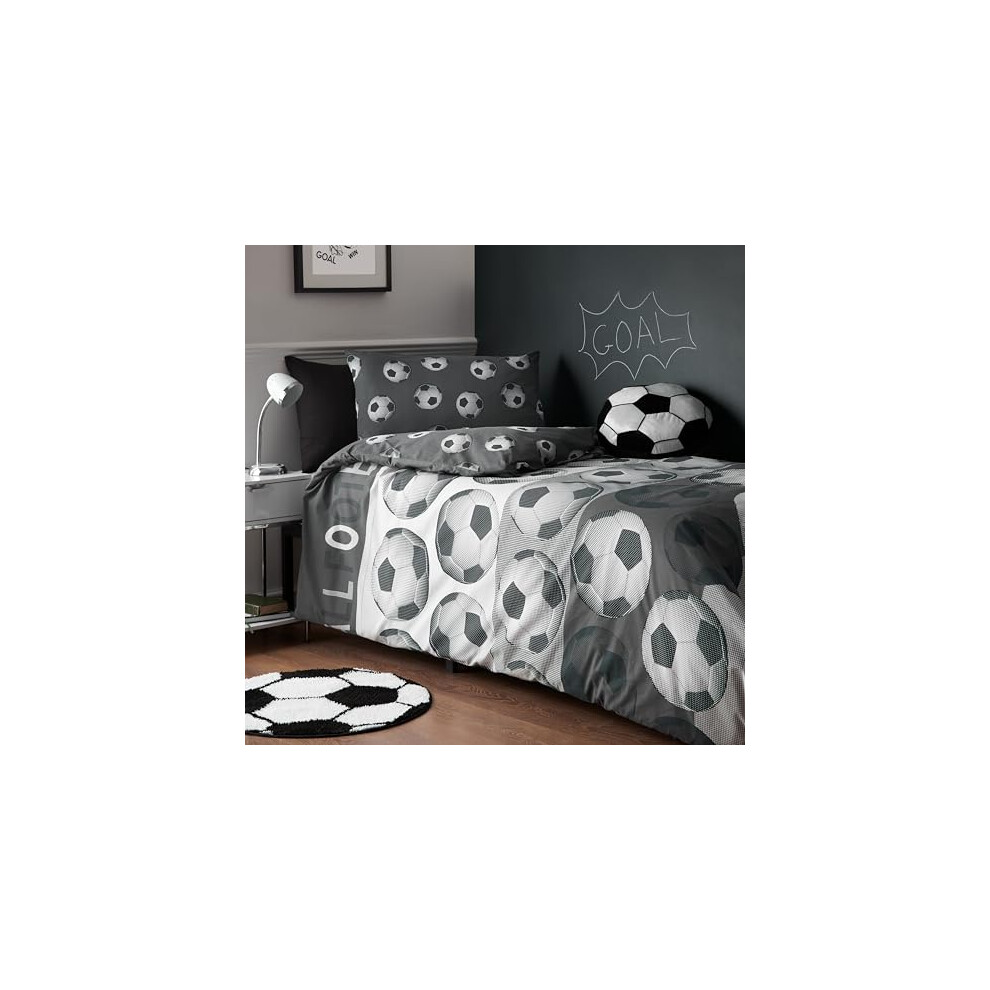 Catherine Lansfield Football Reversible Single Duvet Cover Set With Pillowcase Grey
