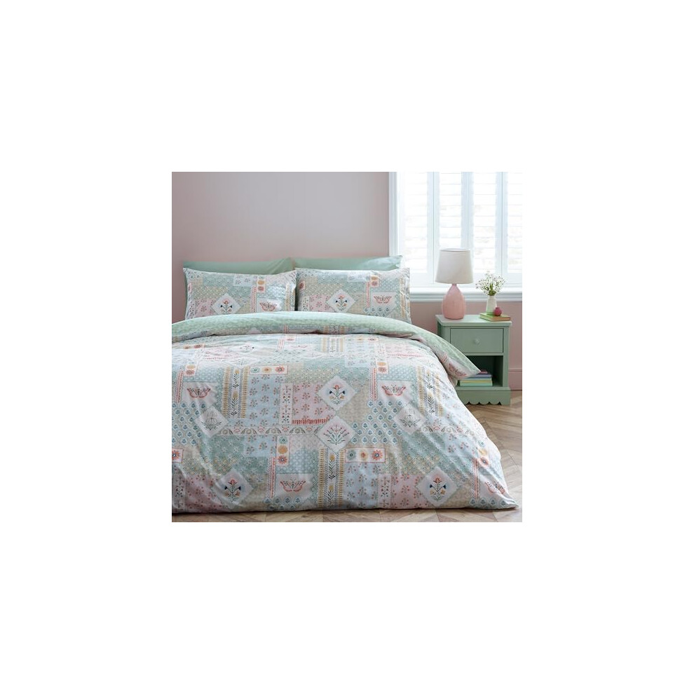 Catherine Lansfield Folk Patchwork Reversible Double Duvet Cover Set With Pillowcases Green
