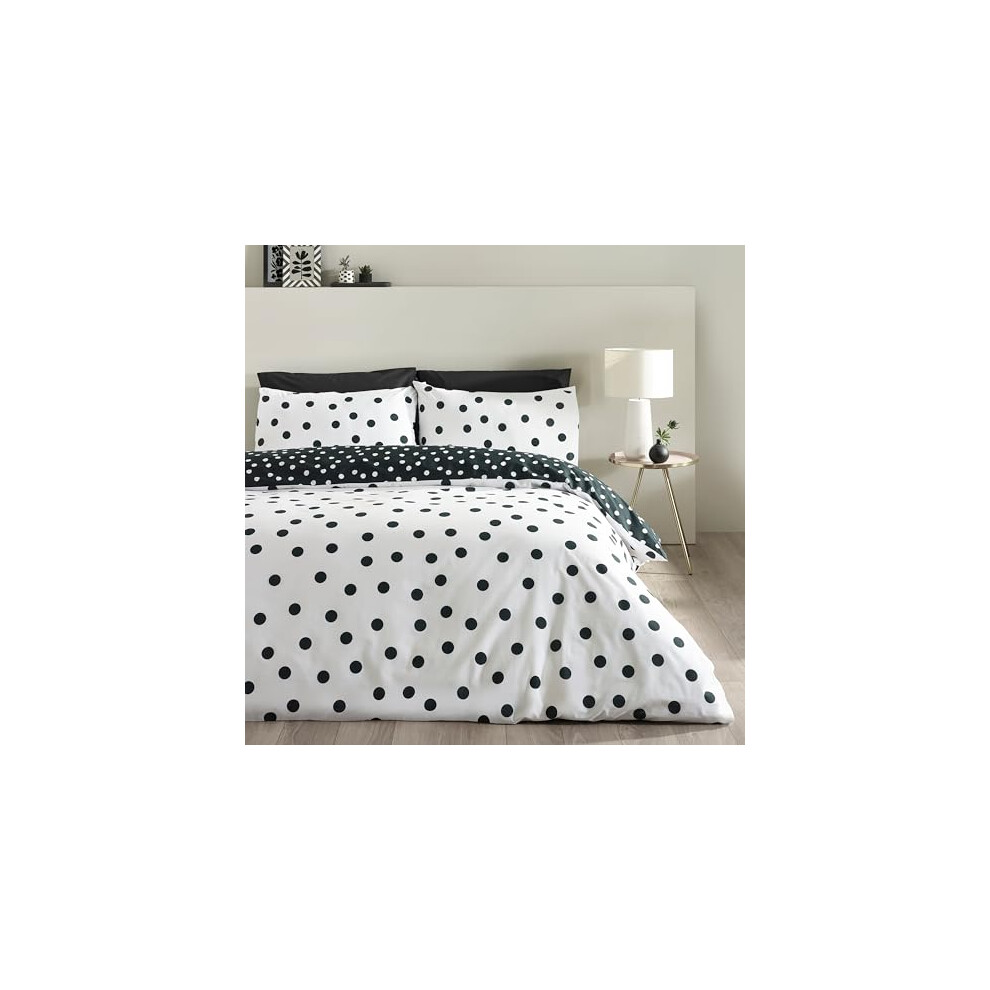 Catherine Lansfield Polka Dot Reversible Double Duvet Cover Set With Pillowcases Black/White