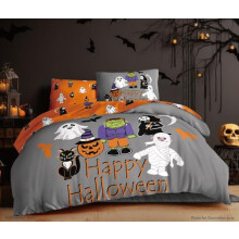 Halloween Bedding Single Duvet Cover Set Haunted Mini Monsters Reversible Soft Grey Orange Bed linen (Single)