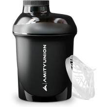 AMITYUNION Protein Shaker 400 ml with Strainer - Leak-Proof, BPA Free, Black, Plastic, 400 ml, Protein Shaker