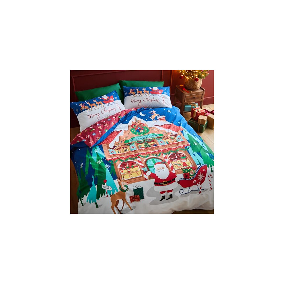 B&Q - Christmas Santa's Workshop Reversible Double Duvet Cover Set With Pillowcases Navy Blue - Image 5