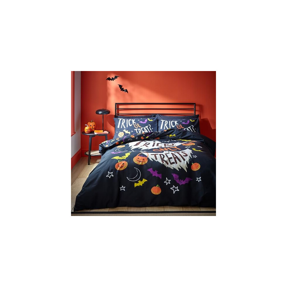 Catherine Lansfield Halloween Trick Or Treat Reversible Single Duvet Cover Set With Pillowcase Black