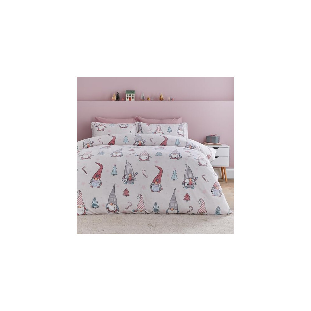 Catherine Lansfield Christmas Festive Gnomes Cosy Fleece King Duvet Cover Set With Pillowcases Pink