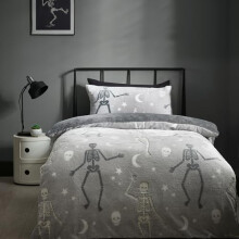 Catherine Lansfield Skeleton Fleece Glow in the Dark Single Duvet Cover Set with Pillowcase Grey