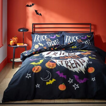 Catherine Lansfield Halloween Trick or Treat Reversible Double Duvet Cover Set with Pillowcases Black