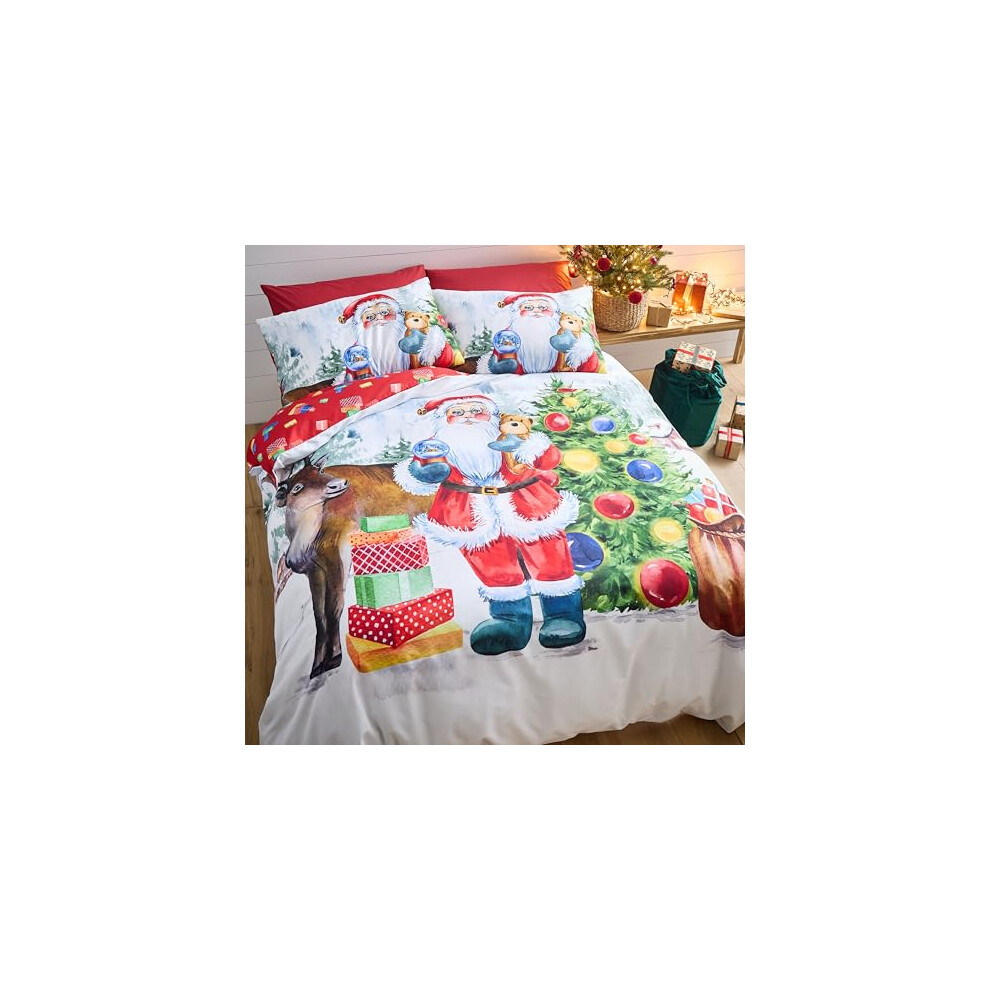Catherine Lansfield Christmas Retro Santa Reversible King Duvet Cover Set With Pillowcase White