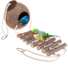 Coconut Bird Nest with Wooden Ladder, Perches, and Hanging Rope – For Birds, Reptiles, and Aquarium Pets Plastic Free, Toxic Free