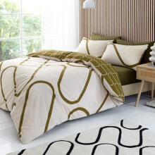 Catherine Lansfield Linear Curve Geometric Reversible Double Duvet Cover Set with Pillowcases Olive Green