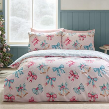 Catherine Lansfield Christmas Bows And Bells Reversible King Duvet Cover Set with Pillowcases Pink