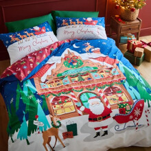 Catherine Lansfield Christmas Santa's Workshop Reversible King Duvet Cover Set with Pillowcases Navy Blue