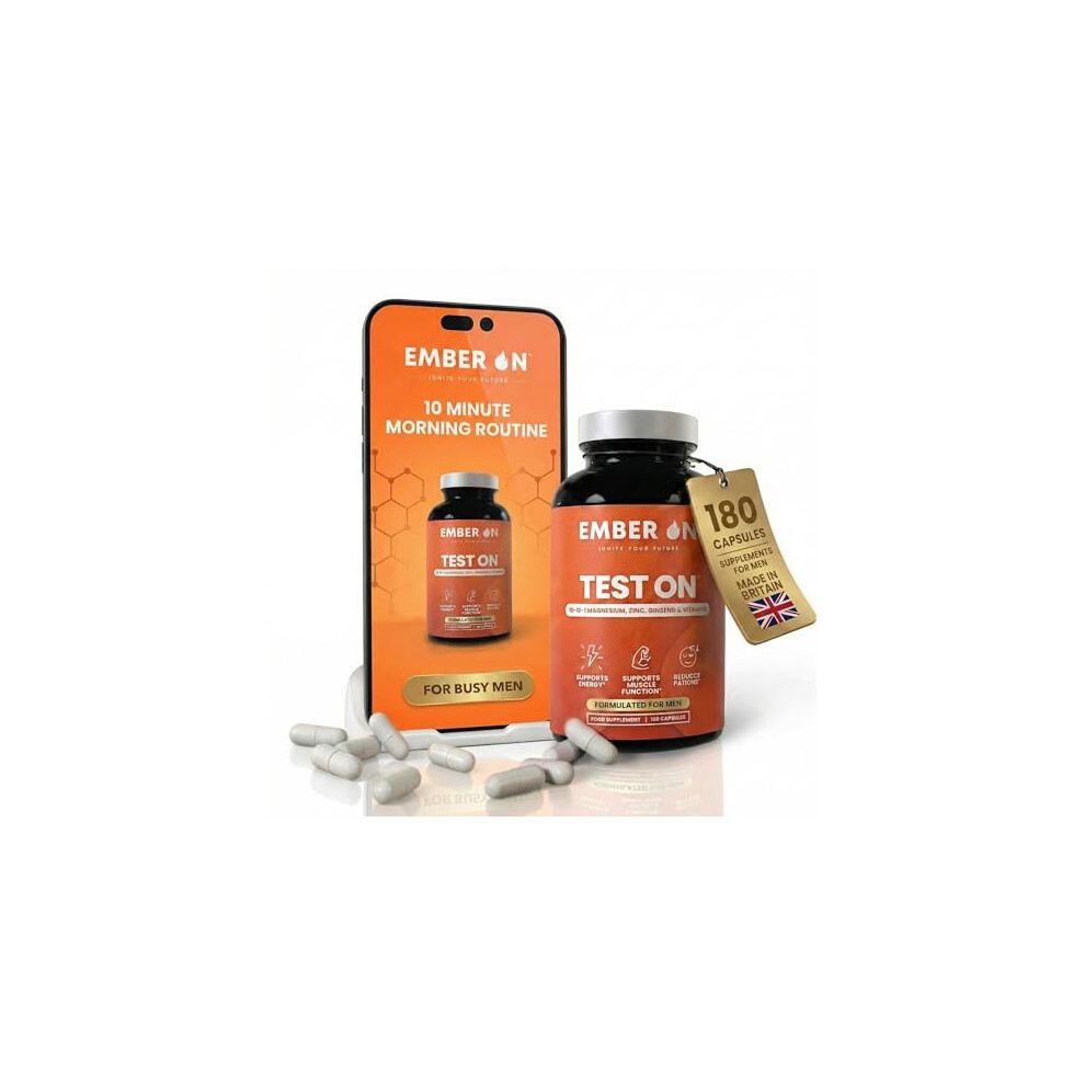 Ember On Test On Supplement For Men | High Strength Booster Supplements | 10-In-1 Magnesium Zinc Ashwagandha Boron Fenugreek Vitd3 Vitb6 Vitk2 & Panax