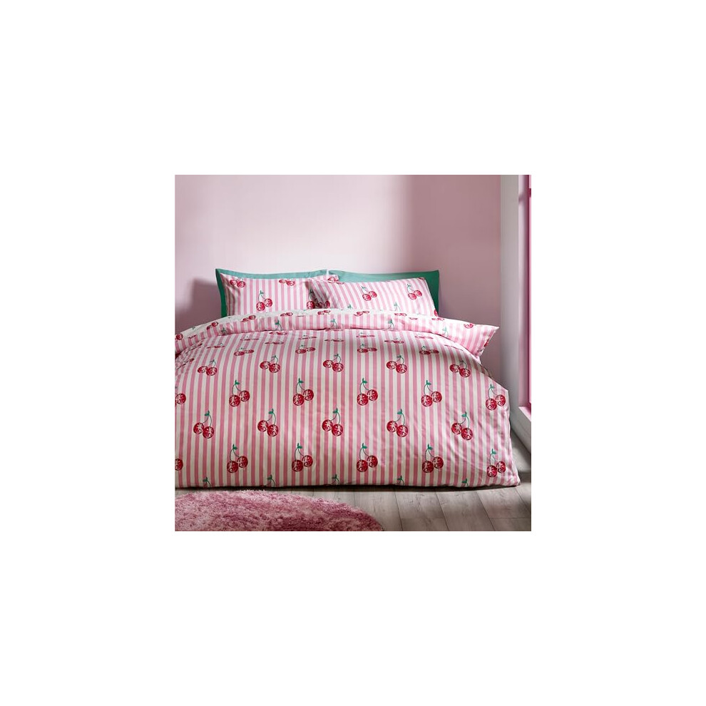 Catherine Lansfield Disco Cherries Stripes Reversible Double Duvet Cover Set With Pillowcases Pink