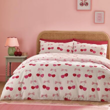 Catherine Lansfield Cherries and Bows Reversible King Duvet Cover Set with Pillowcases Pink