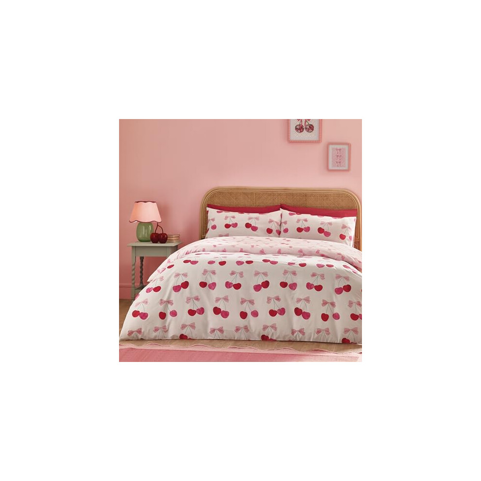 Catherine Lansfield Cherries And Bows Reversible King Duvet Cover Set With Pillowcases Pink