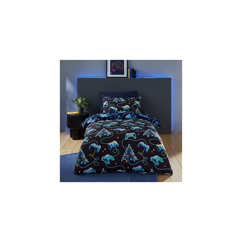 Catherine Lansfield Christmas Gamer So Soft Reversible Double Duvet Cover Set With Pillowcases Navy Blue