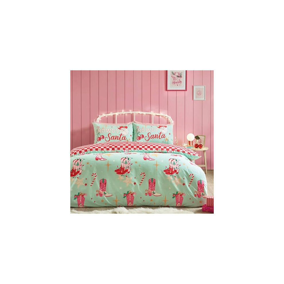 Catherine Lansfield Santa's Howdy Christmas Reversible Single Duvet Cover Set With Pillowcase Green