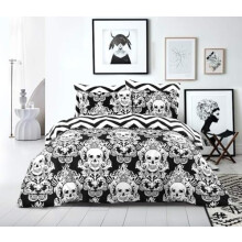 MK Home Textile Super King Size Duvet Cover Set Black Skull Reversible Cotton Bedding White Stripe Quilt Covers with Pillow Cases Double King